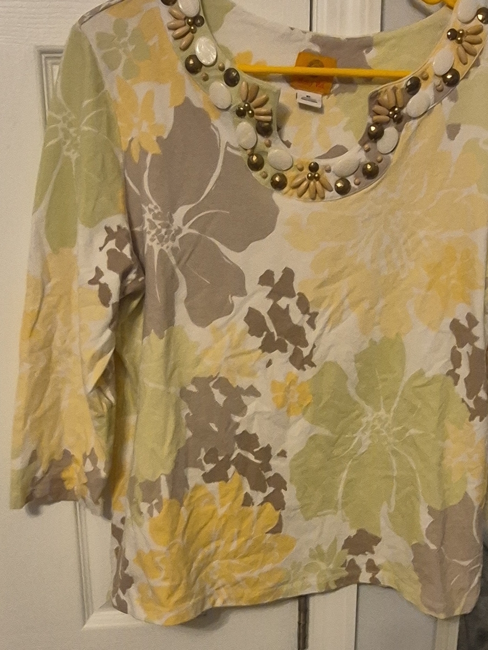 Ruby Rd. Floral Scoop Neck Embellished Long Sleeve Top in Yellow, Cream & Green